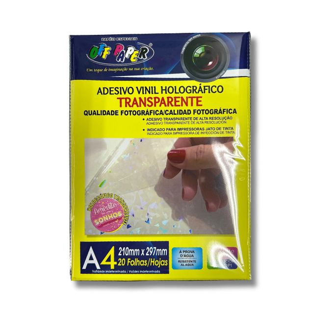 Adesivo Vinil Holográfico Transparente c/ 20 Fls A4 (Jato de tinta) Offpaper