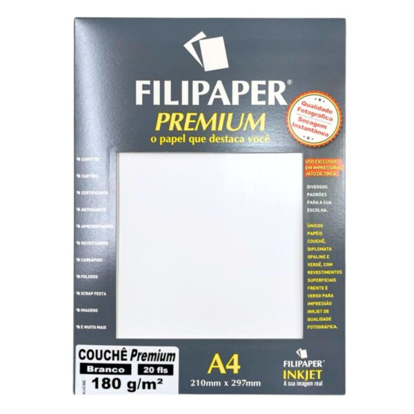 Papel Couchê Brilho 180g A4 c/20 Folhas para Jato de Tinta Filipaper Premium