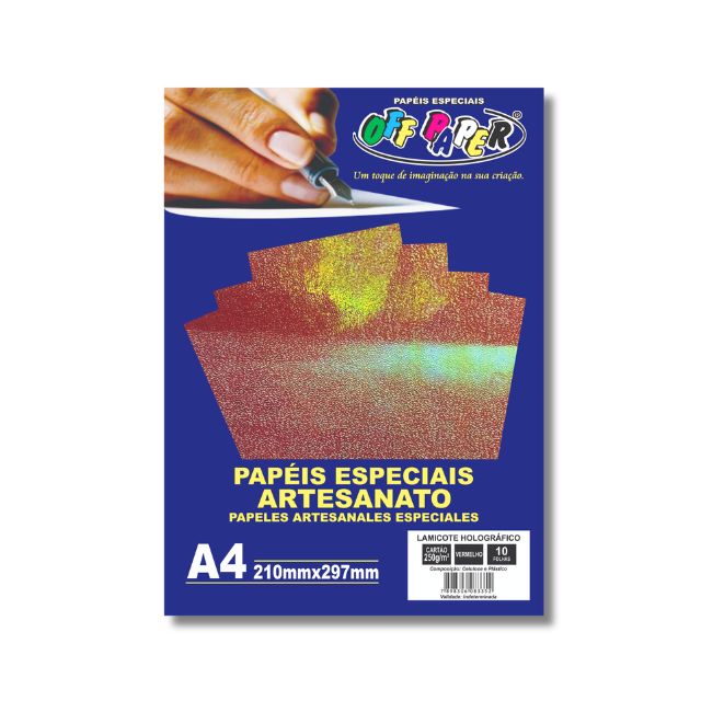 Papel Lamicote Holográfico Vermelho 250g c/ 10 Fls A4 Offpaper