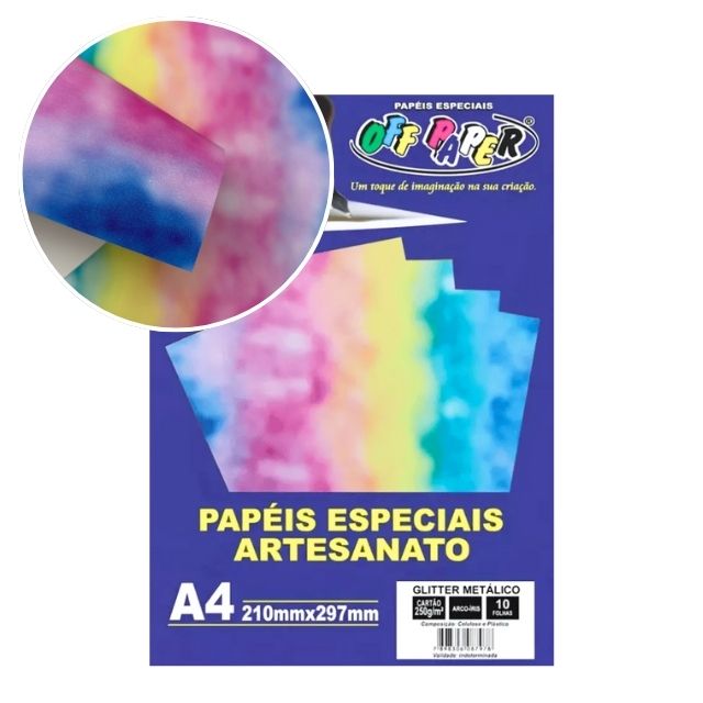 Papel Glitter Metálico Arco Íris 250g c/ 10 Fls A4 Offpaper