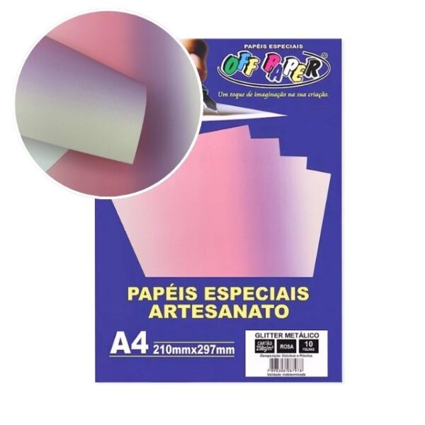 Papel Glitter Metálico Rosa 250g c/ 10 Fls A4 Offpaper
