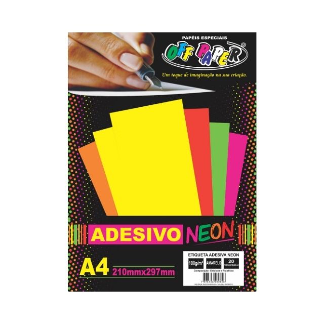 Papel Adesivo Neon Amarelo 100g c/ 20 fls A4 Offpaper