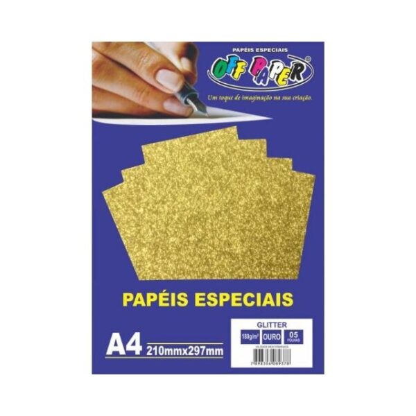 Papel Glitter Ouro 180g c/ 5 Fls A4 Offpaper