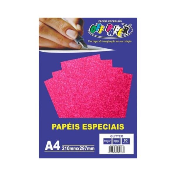 Papel Glitter Pink 180g c/ 5 Fls A4 Offpaper