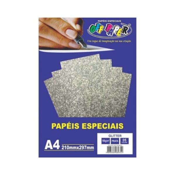Papel Glitter Prata 180g c/ 5 Fls A4 Offpaper