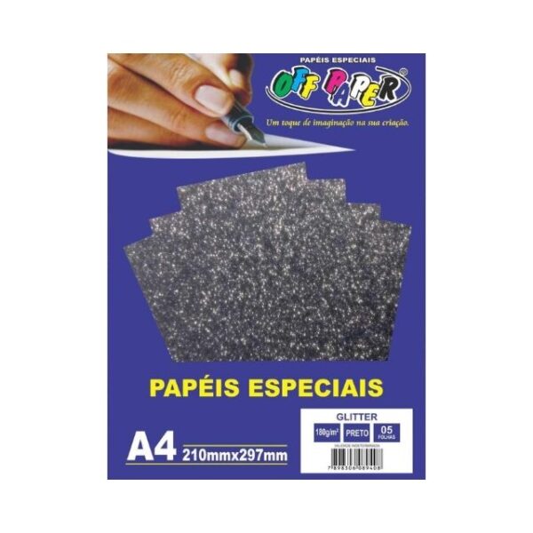 Papel Glitter Preto 180g c/ 5 Fls A4 Offpaper