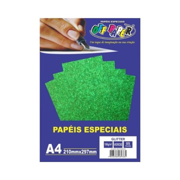 Papel Glitter Verde 180g c/ 5 Fls A4 Offpaper