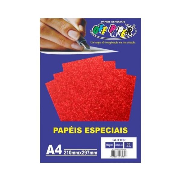 Papel Glitter Vermelho 180g c/ 5 Fls A4 Offpaper
