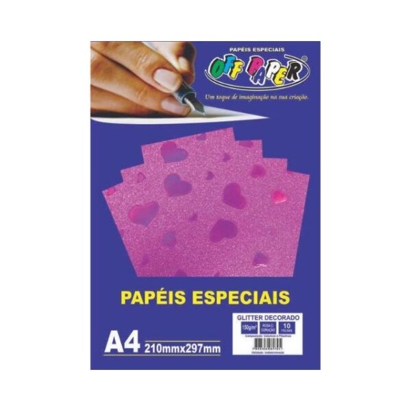 Papel Glitter Decorado Rosa Coração 150g c/ 10 Fls A4 Offpaper