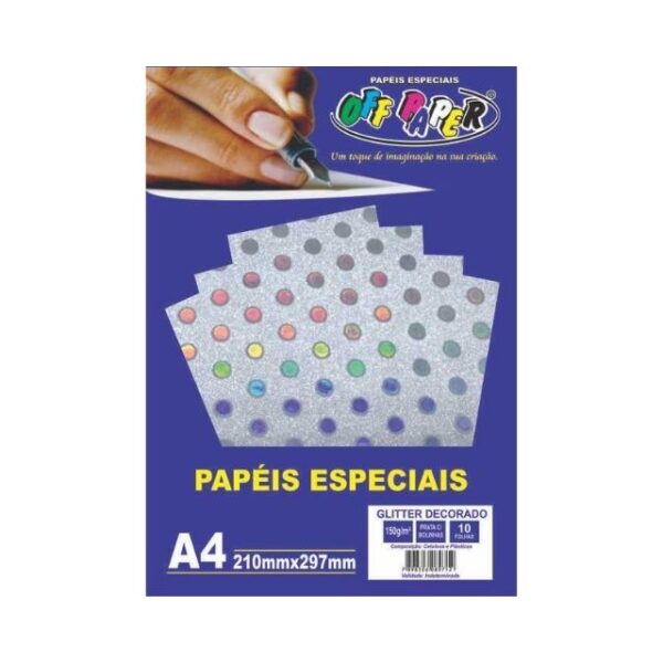 Papel Glitter Decorado Prata Bolinha 150g c/ 10 Fls A4 Offpaper
