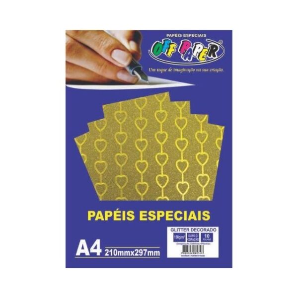 Papel Glitter Decorado Ouro Coração 150g c/ 10 Fls A4 Offpaper