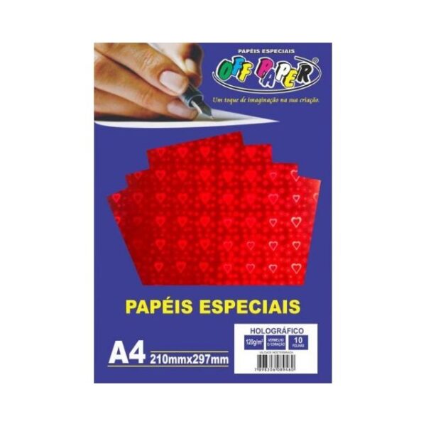 Papel Holográfico Vermelho c/ Coração 120g c/ 10 Fls A4 Offpaper