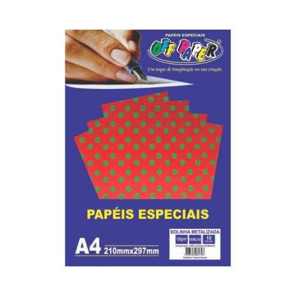 Papel Bolinha Metalizada Vermelho c/ Verde 120g c/ 10 Fls A4 Offpaper
