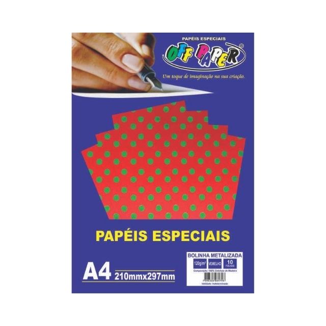 Papel Bolinha Metalizada Vermelho c/ Verde 120g c/ 10 Fls A4 Offpaper
