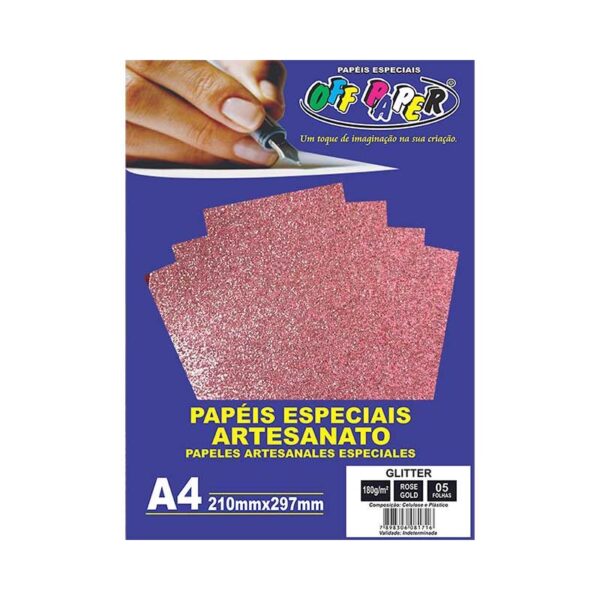 Papel Glitter Rose Gold 180g c/ 5 Fls A4 Offpaper