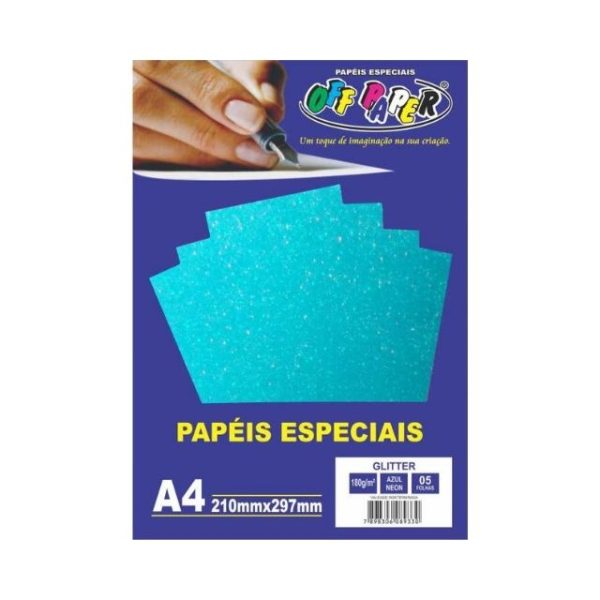 Papel Glitter Azul Neon 180g c/ 5 Fls A4 Offpaper