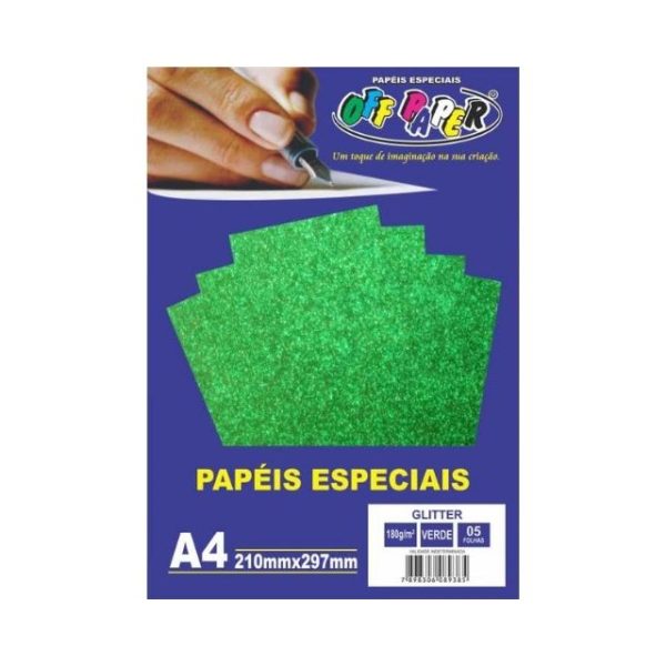 Papel Glitter Verde 180g c/ 5 Fls A4 Offpaper