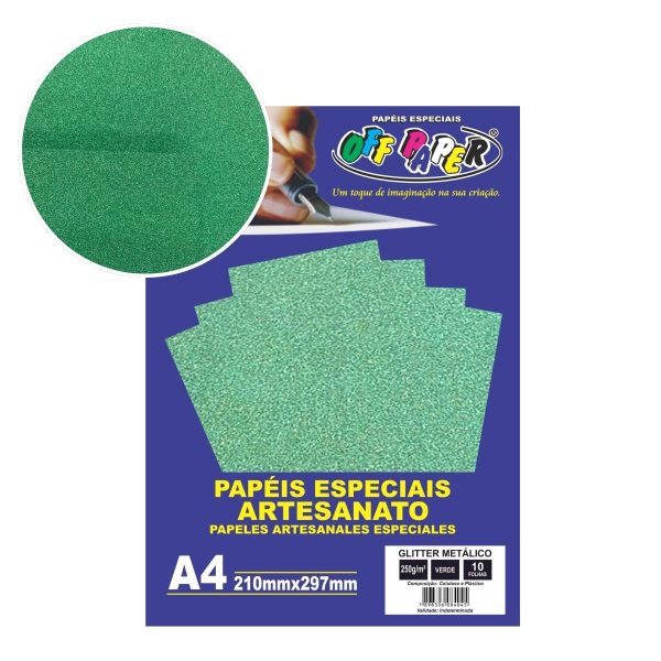 Papel Glitter Metálico Verde 250g c/ 10 Fls A4 Offpaper