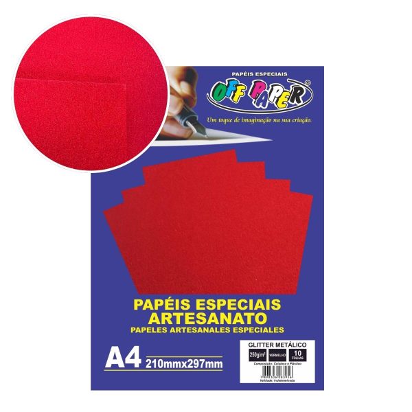 Papel Glitter Metálico Vermelho 250g c/ 10 Fls A4 Offpaper