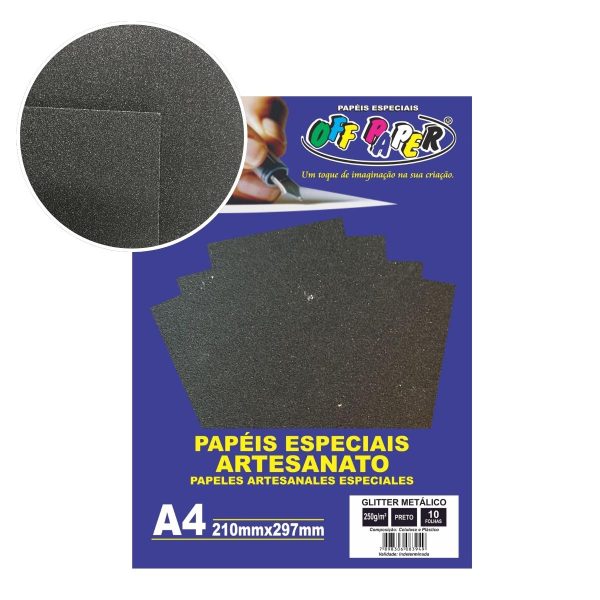 Papel Glitter Metálico Preto 250g c/ 10 Fls A4 Offpaper