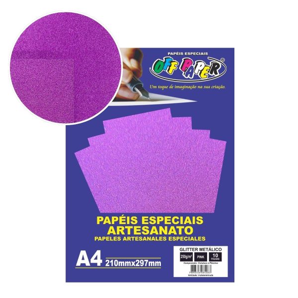 Papel Glitter Metálico Pink 250g c/ 10 Fls A4 Offpaper