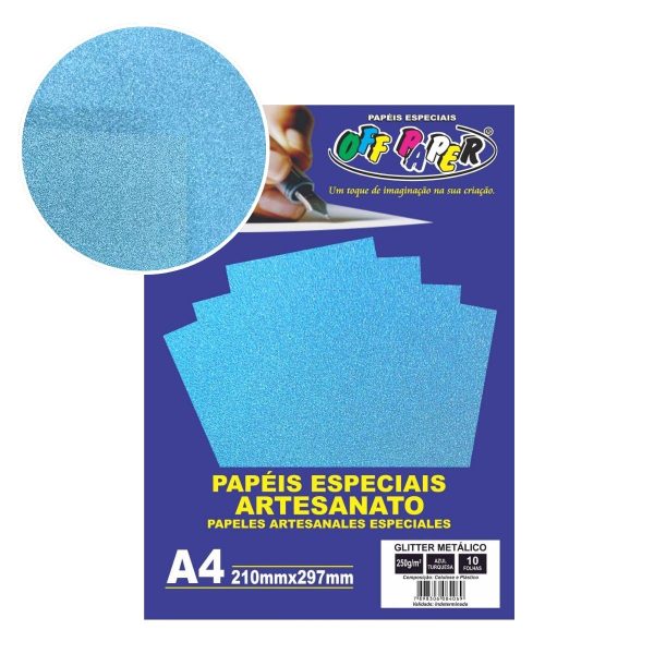 Papel Glitter Metálico Azul Turquesa 250g c/ 10 Fls A4 Offpaper