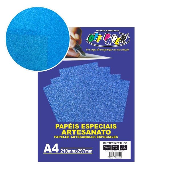 Papel Glitter Metálico Azul Celeste 250g c/ 10 Fls A4 Offpaper