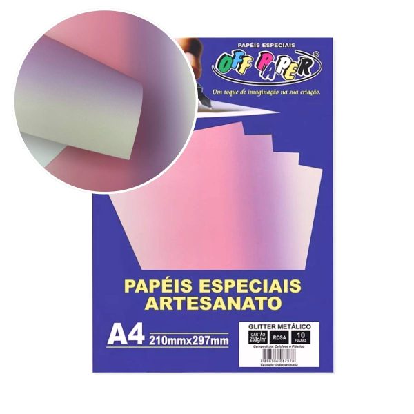 Papel Glitter Metálico Rosa 250g c/ 10 Fls A4 Offpaper