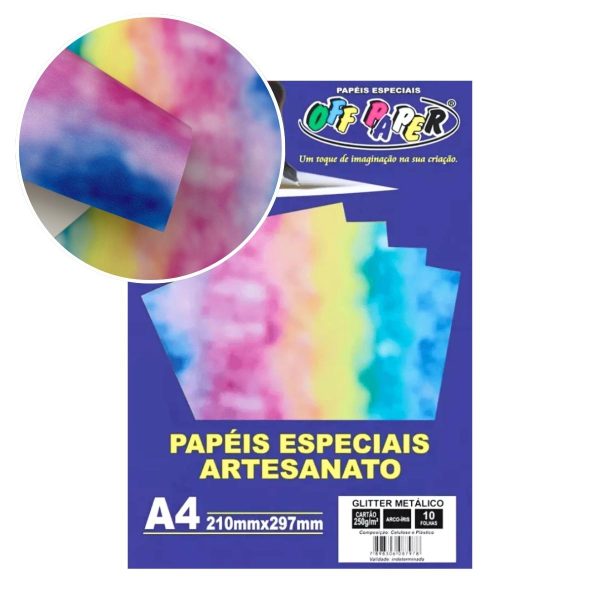 Papel Glitter Metálico Arco Íris 250g c/ 10 Fls A4 Offpaper