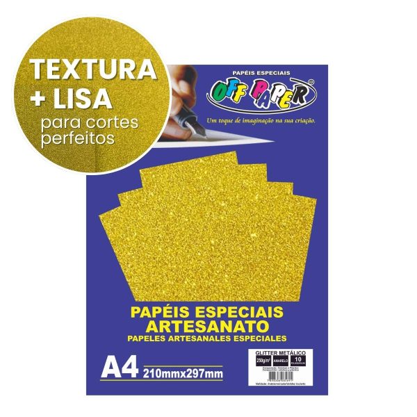 Papel Glitter Metálico Amarelo Ouro 250g c/ 10 Fls A4 Offpaper