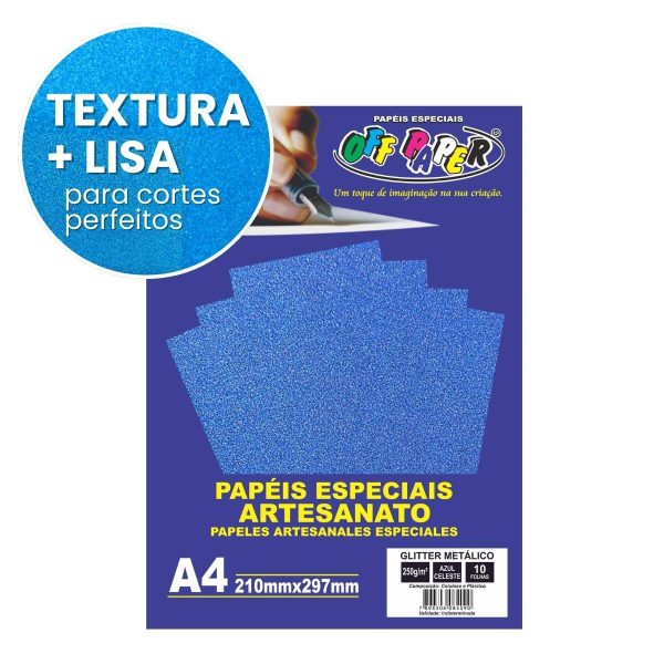 Papel Glitter Metálico Azul Celeste 250g c/ 10 Fls A4 Offpaper