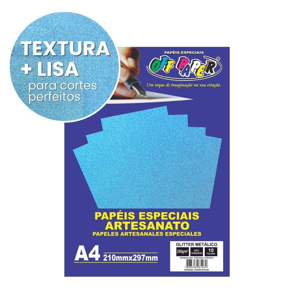 Papel Glitter Metálico Azul Turquesa 250g c/ 10 Fls A4 Offpaper
