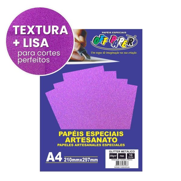 Papel Glitter Metálico Pink 250g c/ 10 Fls A4 Offpaper