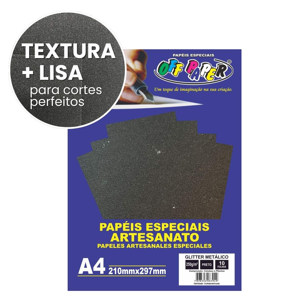 Papel Glitter Metálico Preto 250g c/ 10 Fls A4 Offpaper