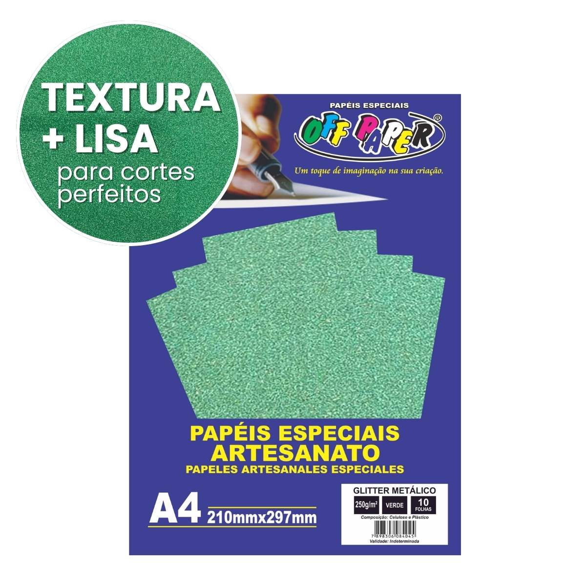 Papel Glitter Metálico Verde 250g c/ 10 Fls A4 Offpaper