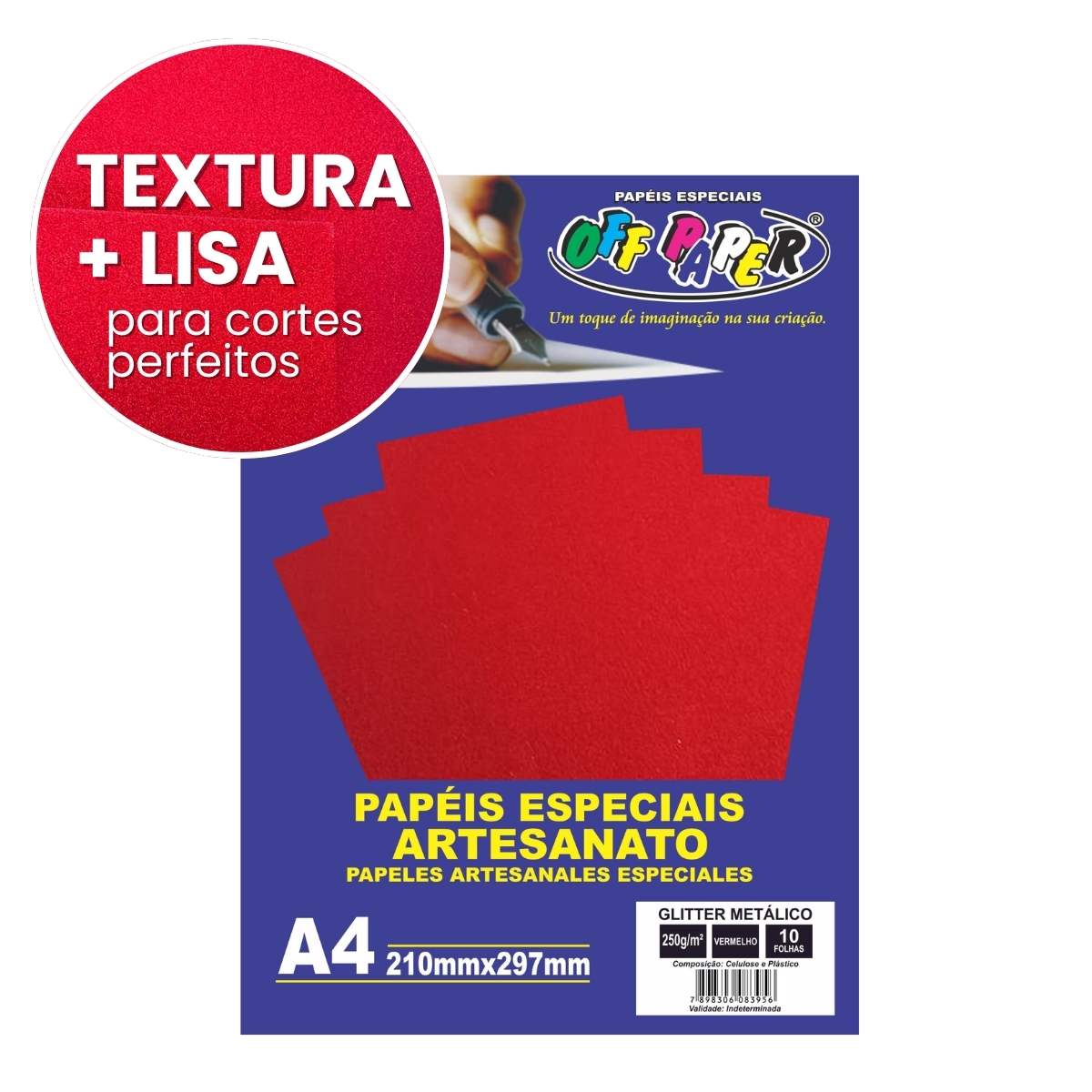 Papel Glitter Metálico Vermelho 250g c/ 10 Fls A4 Offpaper