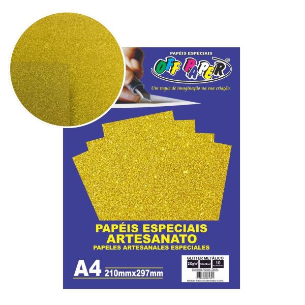 Papel Glitter Metálico Amarelo 250g c/ 10 Fls A4 Offpaper