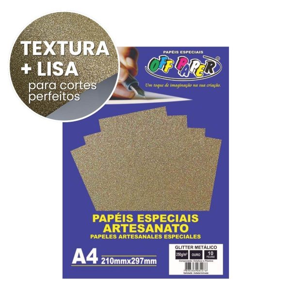 Papel Glitter Metálico Ouro 250g c/ 10 Fls A4 Offpaper