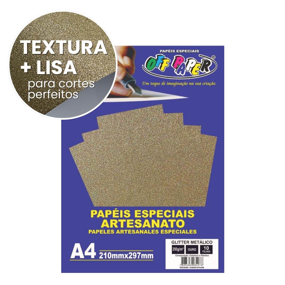 Papel Glitter Metálico Ouro 250g c/ 10 Fls A4 Offpaper