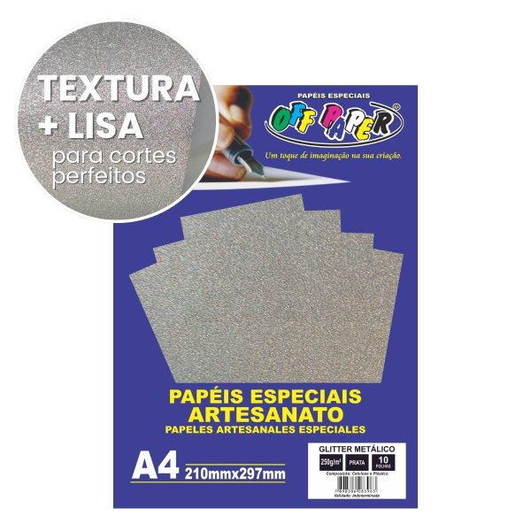 Papel Glitter Metálico Prata 250g c/ 10 Fls A4 Offpaper