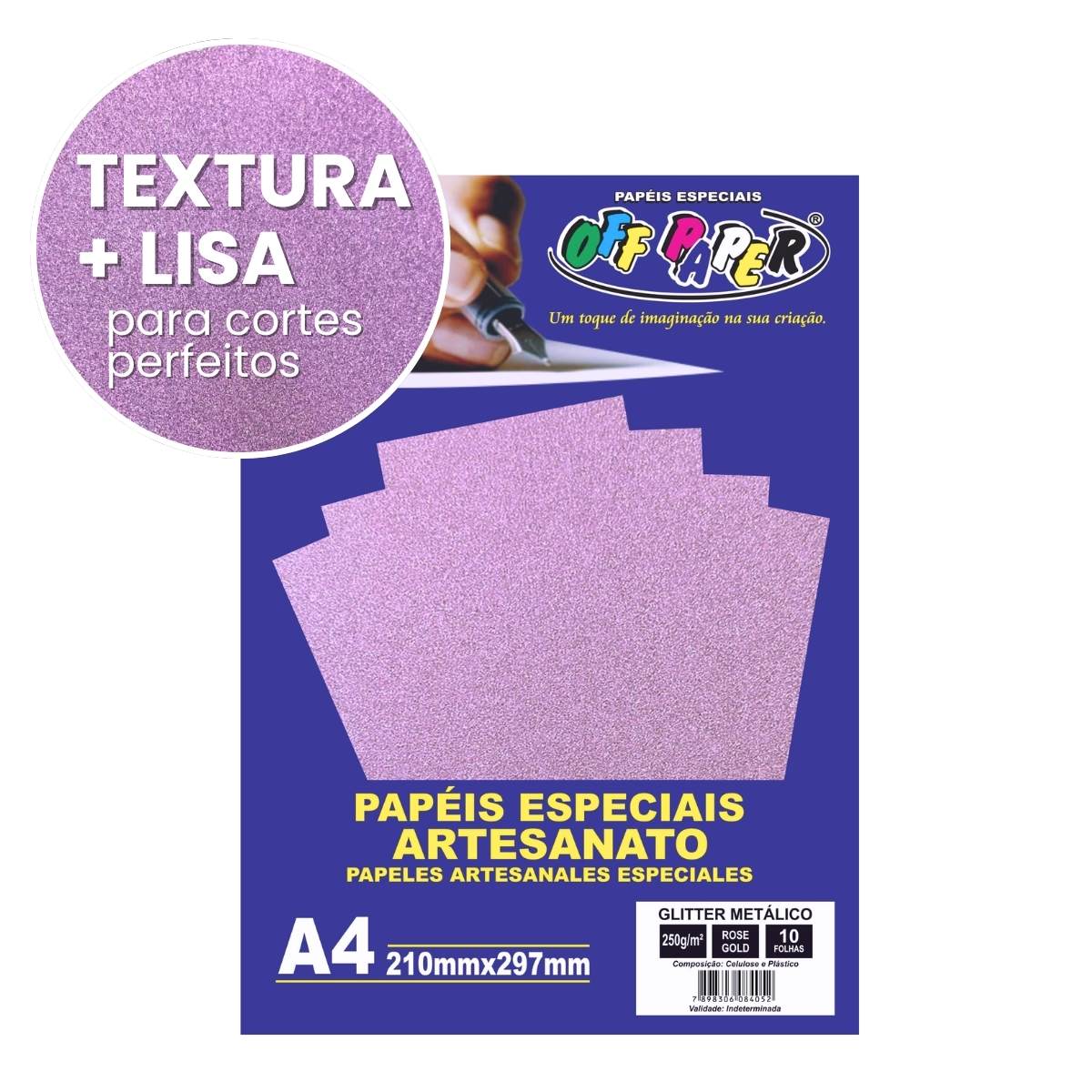 Papel Glitter Metálico Rose Gold 250g c/ 10 Fls A4 Offpaper