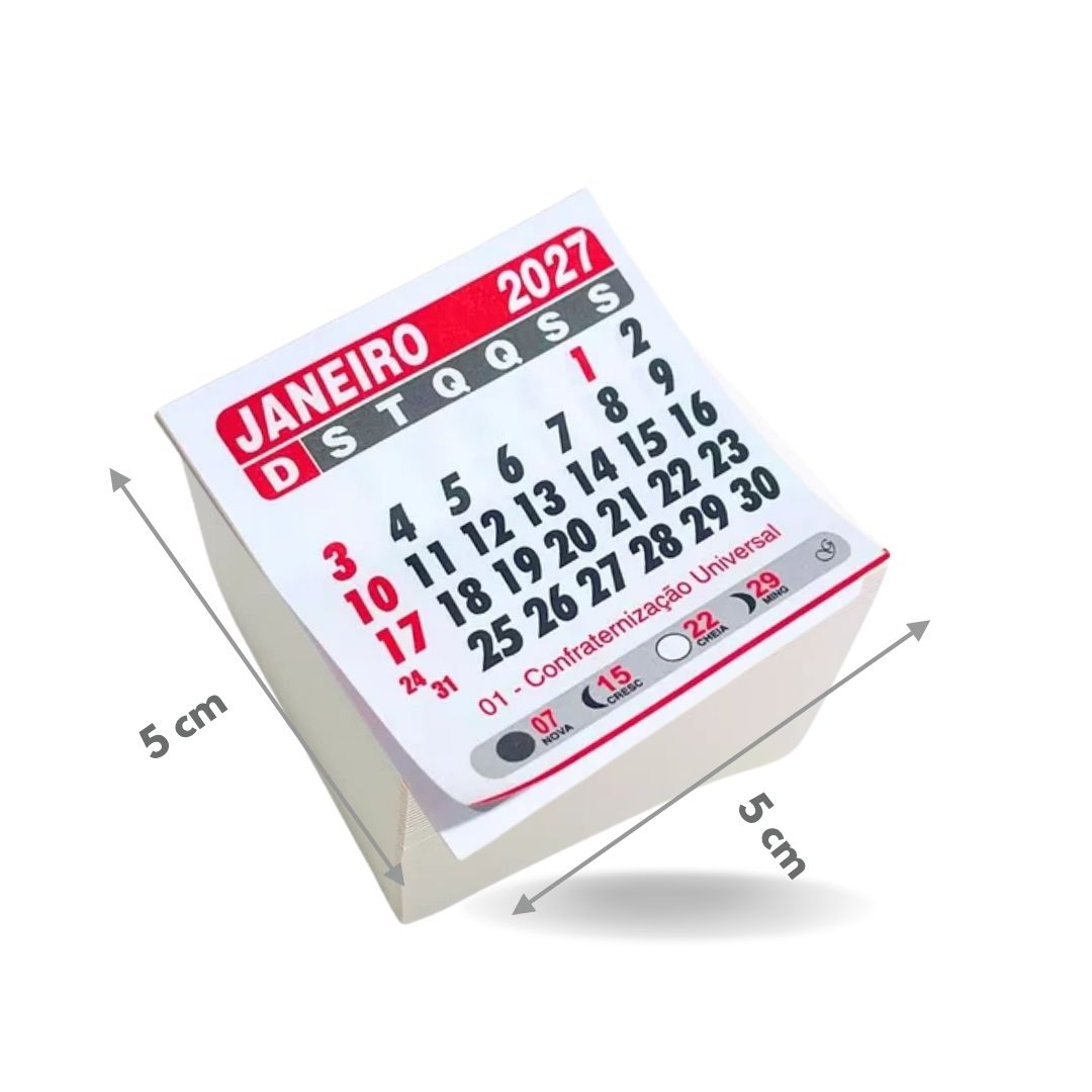 Bloquinho Mini Calendário 2027 Medida 5x5cm p/ Imã de Geladeira Grafiara c/ 100 UNID